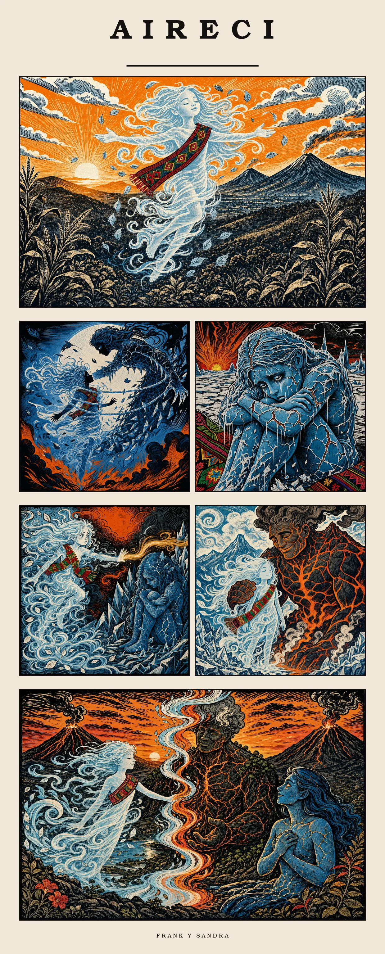 El cómic entero: Aireci, un alma de aire, sobre un valle con volcanes; el alma
              fría cayendo sobre ella; el alma fría sola y rota; Aireci tendiéndole la mano;
              el tío Lavos, de lava, poniéndole la mano en el hombro; y los tres juntos al
              atardecer.